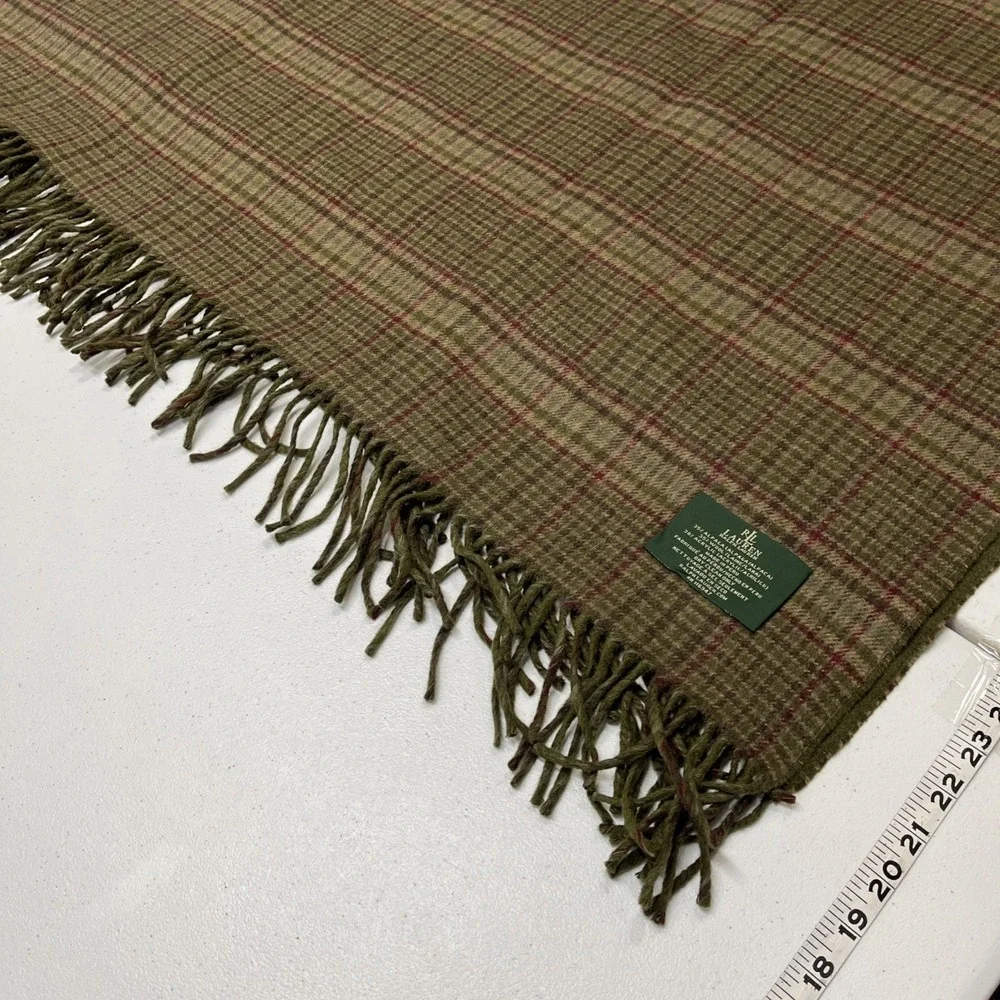Vintage Lauren Ralph Lauren Green Plaid Wool Alpaca Blend Blanket Throw Fringe